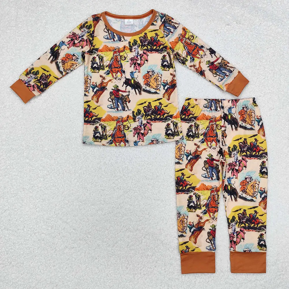 Baby Boys Rodeo Brown Western Tops Pants Pajamas Outfits Set