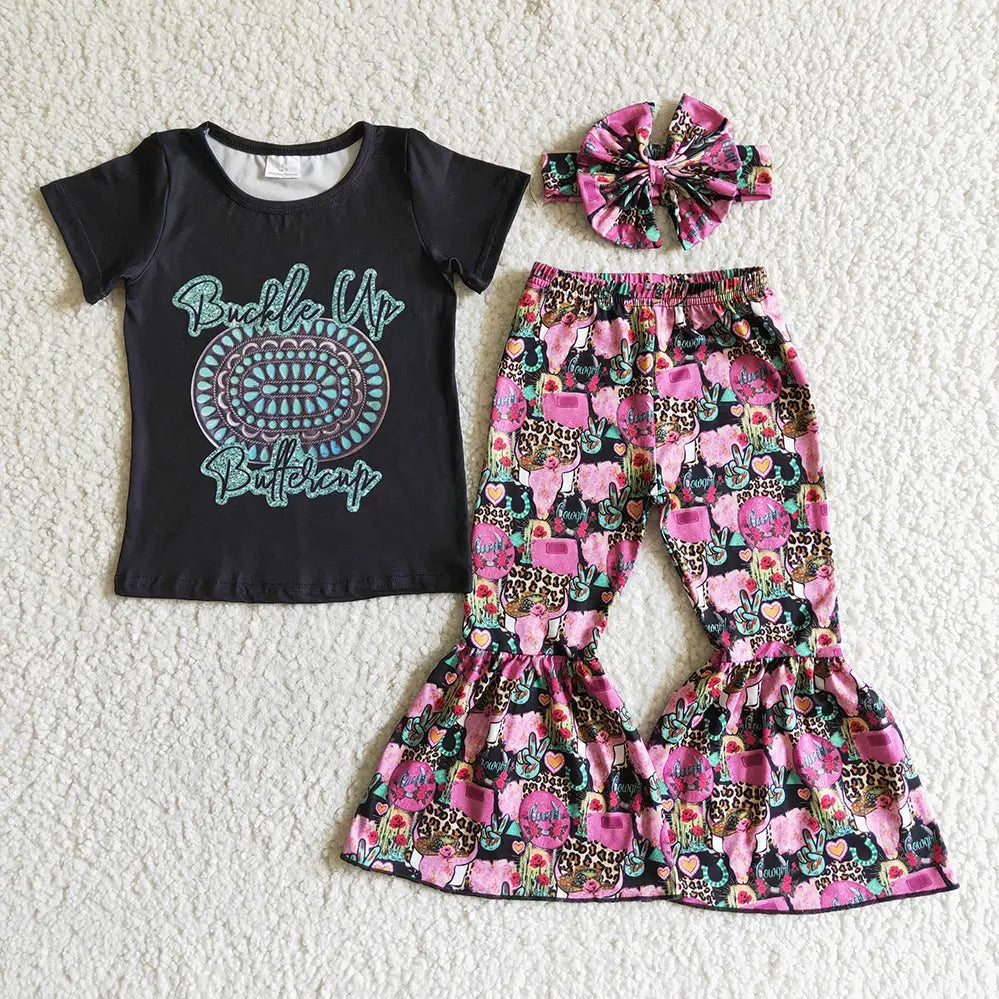 Baby Girls Buckle Up Western Bell Pants Outfits Sets