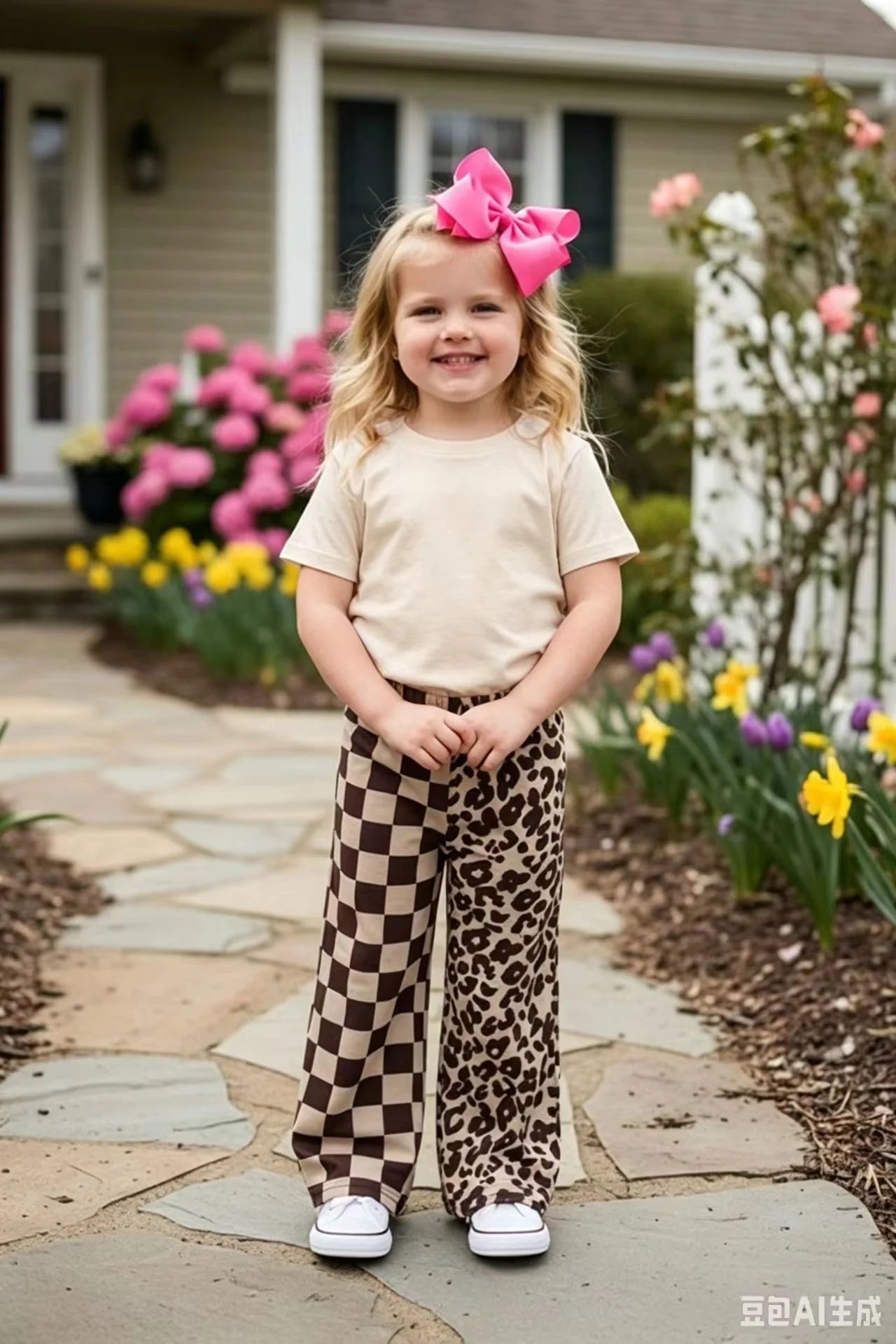 Brown checkered & leopard wide leg girls pant