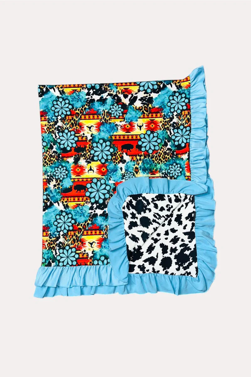Buffalos & cow print reversible baby blanket w/turquoise ruffle