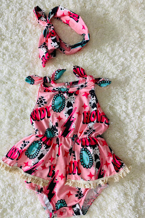 HOWDY" jewels & cow print baby lace romper w/matching headband