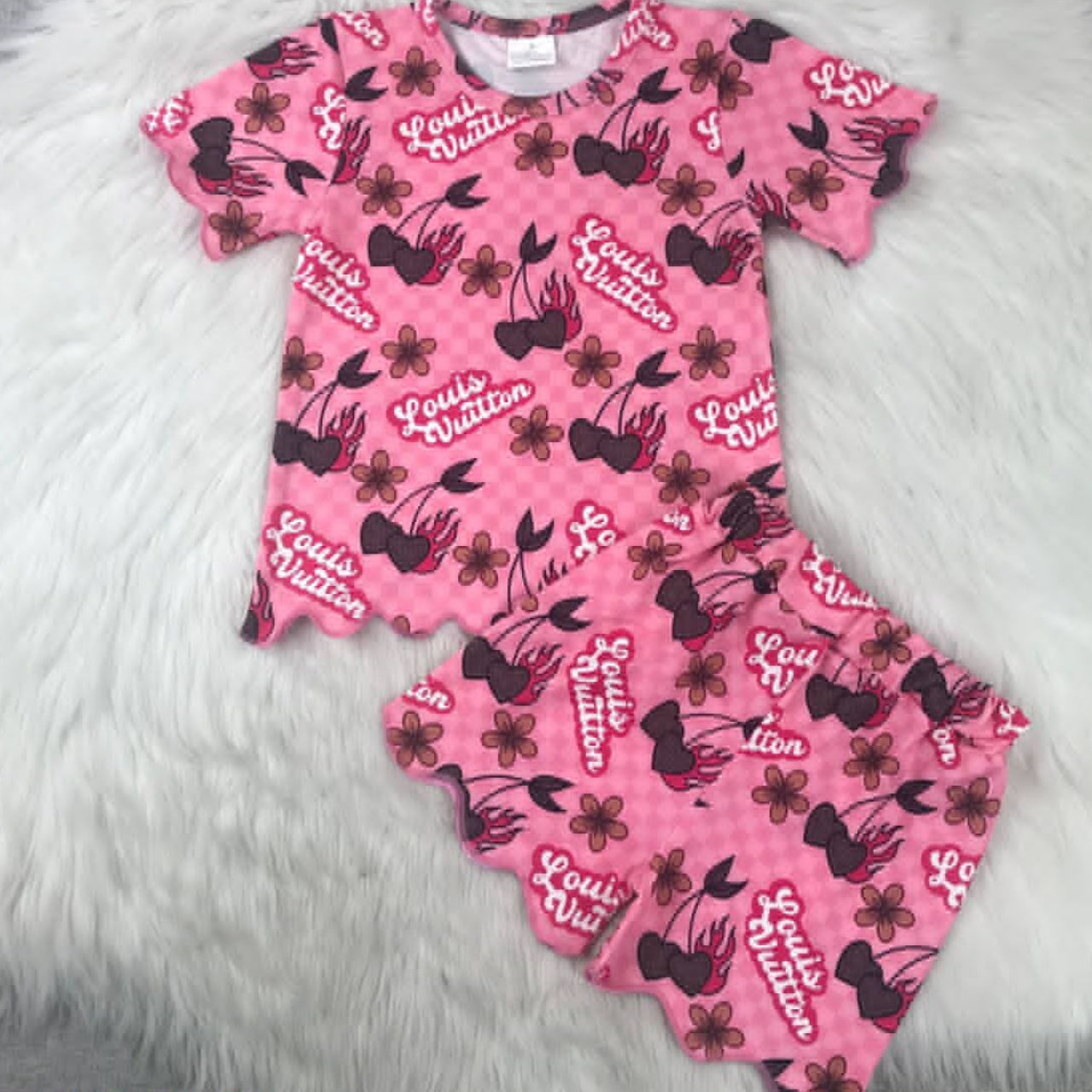 Pink cherry scalloped matching set