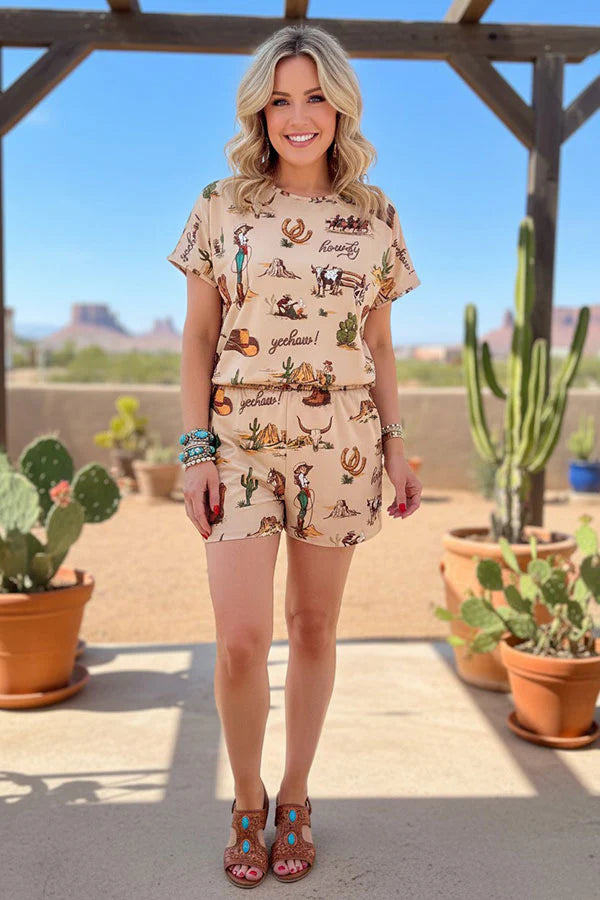 Southern Stitch Western patterns print short sleeve top & shorts 2pc women set