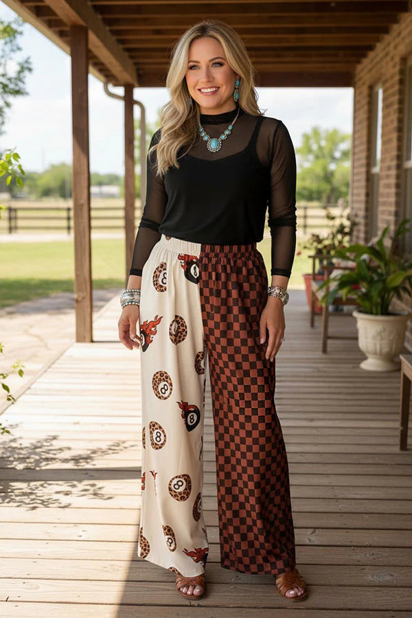 Western leopard 8-ball & checkered wide leg women's boutique pant